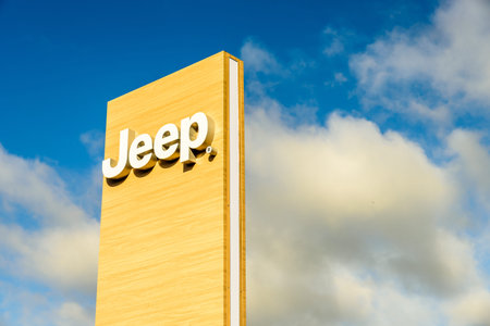 Northampton UK October 3, 2017: Jeep logo sign stand Northampton industrial estate.