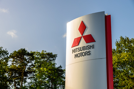 Northampton UK October 3, 2017: Mitsubishi Motors logo sign stand Northampton industrial estate.のeditorial素材