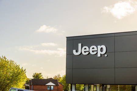 Northampton UK October 3, 2017: Jeep logo sign stand Northampton industrial estate.のeditorial素材