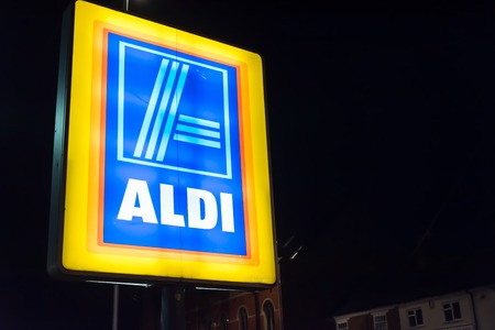 Northampton UK October 3, 2017: Aldi logo sign in Northampton town centre.のeditorial素材