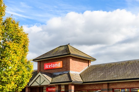 Northampton UK October 3, 2017: Iceland logo sign in Northampton town centre.のeditorial素材