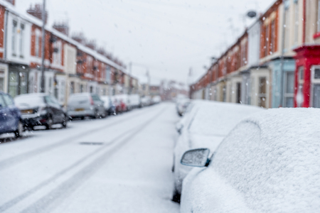 Snow covers England streets during short winterの写真素材