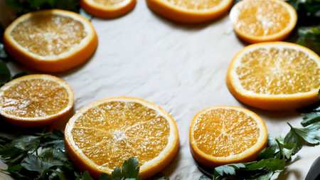 Closeup view of Fresh parsley and Orange Slices on baking tray tin for ovenの写真素材