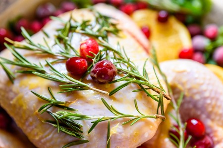 Closeup view of Whole Raw Chicken with Fresh parsley Cranberries and Orange Slices on baking tray tin prepared for roasting in oven.の写真素材