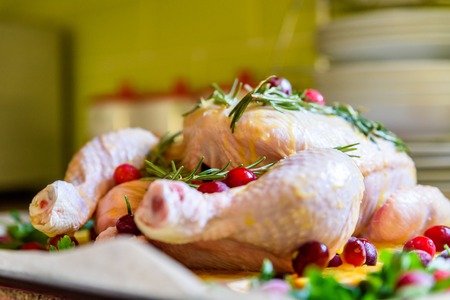 Closeup view of Whole Raw Chicken with Fresh parsley Cranberries and Orange Slices on baking tray tin prepared for roasting in oven.の写真素材