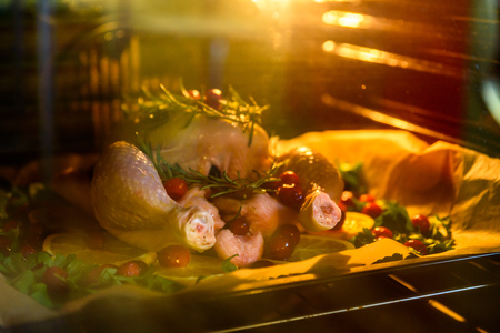 Appetizing Roast chicken turkey with Orange Slices Cranberries and Herbs in the oven.の写真素材
