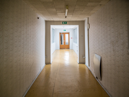Day view abandoned building discarded building, corridor or hall wayの写真素材