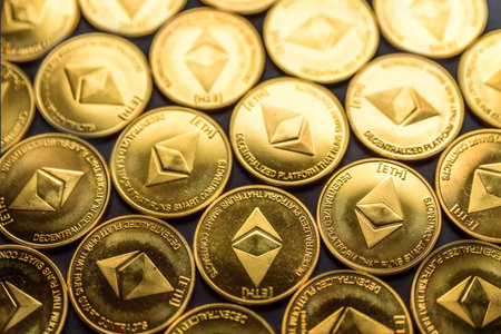 Overhead view Ethereum cryptocurrency coins laid flat