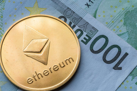 Ethereum coins stacked on new British Pound Sterling note, future concept financial currency, crypto...