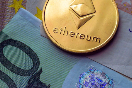 Ethereum coins on Euro banknotes, future concept financial currency, crypto currency sign