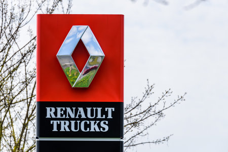 Northampton, UK - Apr 21, 2018:: Day view official Renault Trucks dealership sign over blue sky. Renault is a French multinational automotive manufacturerのeditorial素材