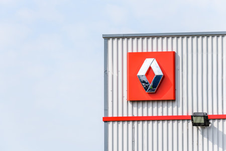 Northampton, UK - Apr 21, 2018:: Day view official Renault Trucks dealership sign over blue sky....
