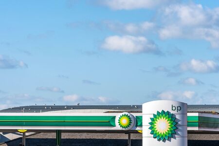 Northampton, UK - Feb 26, 2018: Day view of British Petroleum BP logo in town centerのeditorial素材