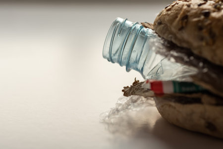 Fresh tasty burger with plastic waste and paper cardboard inside on white background. Recycled waste...