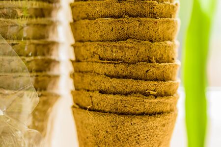 biodegradable seed pots stacked next to window ready for new season gardeningの写真素材