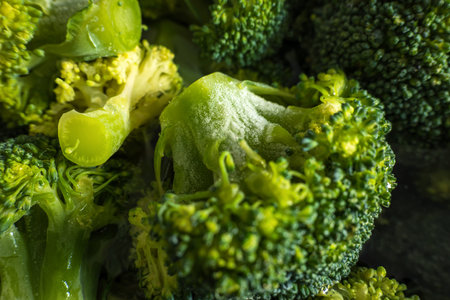 Frozen green broccoli florets on dark background closup