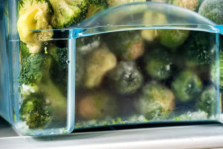 frozen broccoli florets and brussel sprouts inside freezer fridge closeupの写真素材