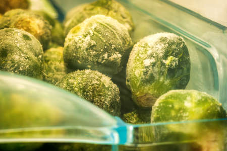 frozen broccoli florets and brussel sprouts inside freezer fridge closeupの写真素材