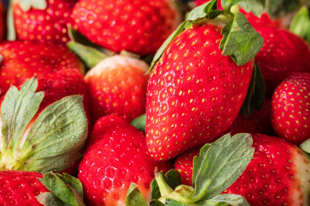 fresh and ripe strawberries background closeupの写真素材