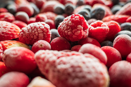 frozen mix strawberries blueberries raspberries and cranberries closeupの写真素材