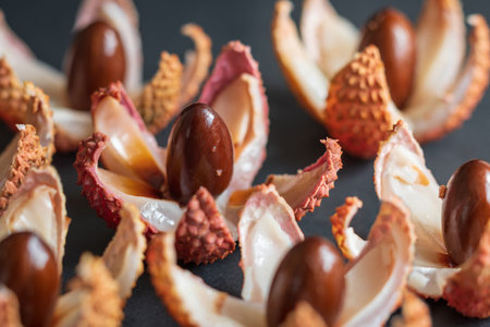 cut open fresh lychee fruit slide pan