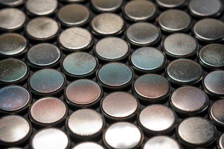 CR2032 coin cell batteries background closeup pan slide