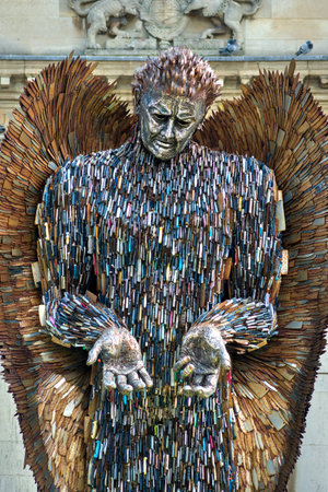 Northampton, UK - May 5, 2022: Knife Angel sculpture displayed outside The Parish Church Of All...