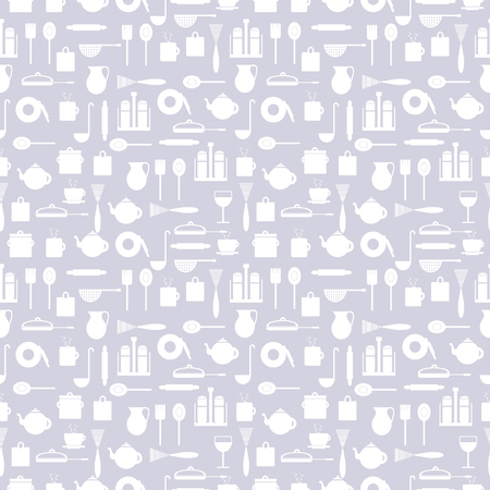 Seamless vector pattern with elements of kitchen utensils white over grey backgroundのイラスト素材