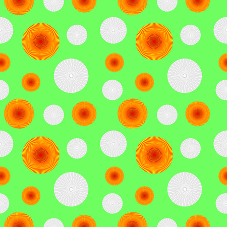 Vector seamless pattern with elements of stylized dandelions, orange and faded gray over light green backgroundのイラスト素材