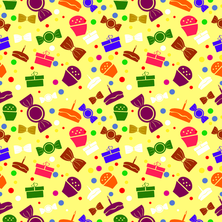 Seamless pattern with varicolored sweets and gifts over yellow backgroundのイラスト素材
