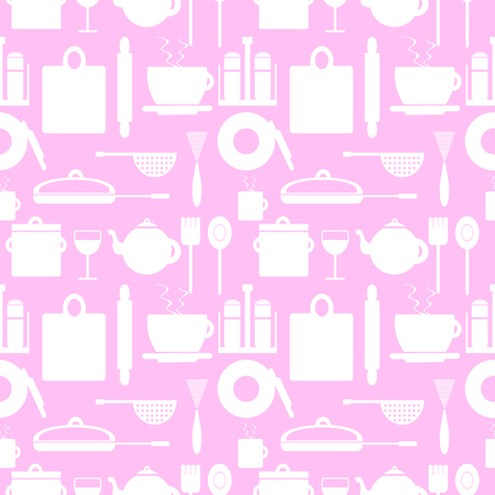 Vector seamless pattern with elements of kitchen utensils white over pink backgroundのイラスト素材