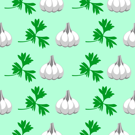 Seamless vector pattern with elements of grey garlic and green parsley over light green background. Series of food and drink, and ingredients for cookingのイラスト素材