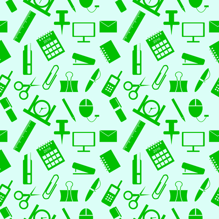 Seamless pattern with elements of office supplies in the greenのイラスト素材