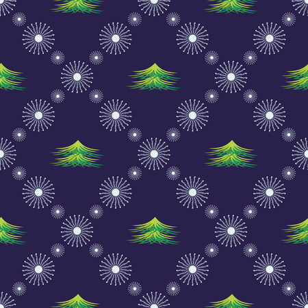 Seamless vector pattern. Seasonal winter symmetrical blue background with snowflakes and fir-trees.のイラスト素材