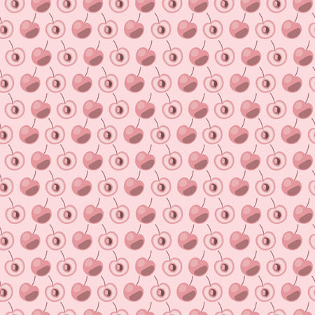 Seamless vector pattern, matt symmetrical background with cherry, whole and half over light backdrop.のイラスト素材