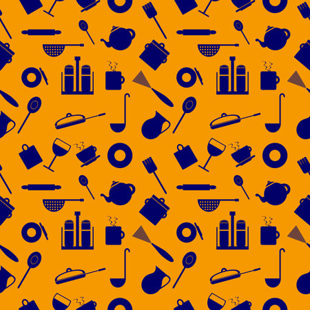 Seamless pattern with elements of kitchen utensils blue over orange backgroundのイラスト素材