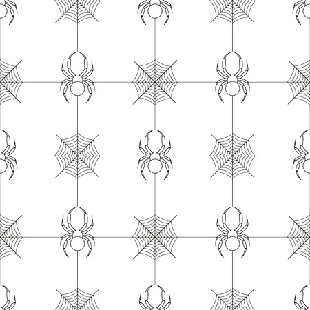 Seamless vector pattern with insects, symmetrical geometric black and white background with spiders and spiders web. Line drawing.のイラスト素材
