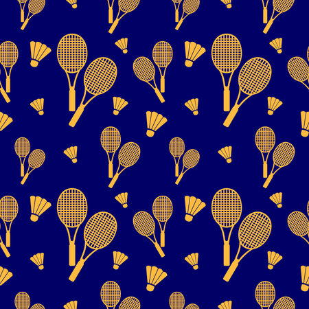 Vector seamless pattern with elements of orange rackets and birdies over blue backgroundのイラスト素材