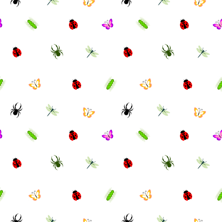Seamless vector pattern with insects, cute colorful background with little spiders, ladybugs, caterpillars and butterflies, over white backdropのイラスト素材