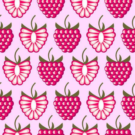 Seamless fruits vector pattern, bright color background with raspberries, whole and half, over pink backdropのイラスト素材