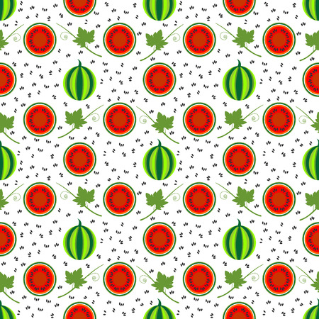 Seamless vector pattern, fruits bright symmetrical background with watermelons, whole and half, and leaves, over light backdrop.のイラスト素材