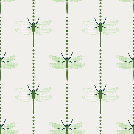 Seamless vector pattern with insects, symmetrical geometric background with dragonflies, over light backdropのイラスト素材