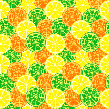 Seamless fruits vector pattern, bright colorful background with oranges, lemons and limesのイラスト素材