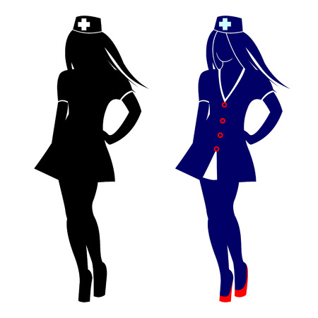 Vector illustration of nurse, black silhouette and detailed blue, isolated over white backgroundのイラスト素材