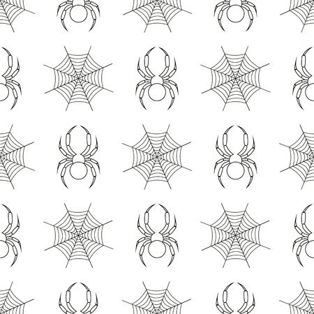 Seamless vector pattern with insects, symmetrical geometric black and white background with spiders and spiders web. Line drawing.のイラスト素材