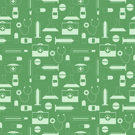 Seamless vector pattern,green symmetrical background with medical tools and pills.のイラスト素材