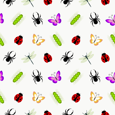 Seamless vector pattern with insects, cute colorful background with spiders, ladybugs, caterpillars and butterflies, over white backdropのイラスト素材