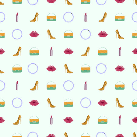 Seamless fashionable vector pattern, symmetrical background with shoes, clutches, beads, lipstick and lips, over light backdrop.のイラスト素材