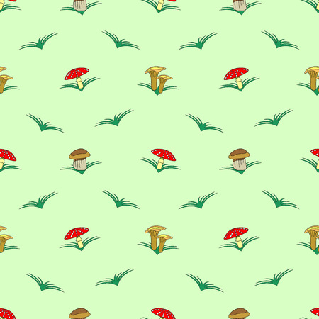 Seamless vector pattern with vegetables, symmetrical background with mushrooms and grass: fly agaric, chanterelle and porcini mushroomsのイラスト素材