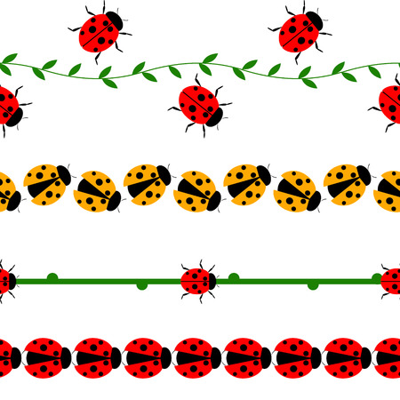 Vector seamless line with insects. Set of elements for design, borders with ladybugs, branches and leaves, isolated on the white background.のイラスト素材